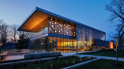 Modern house exterior at dusk with warm lighting