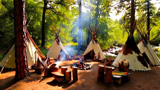 Harmony of Cultures: Witness the seamless blend of Indigenous culture with the serene backdrop of nature, featuring authentic tipis around a crackling campfire.