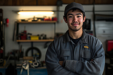 Mechanic stands proudly in a garage showcasing skills and dedication to automotive repair and maintenance