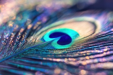 Fototapeta premium Close-up of a vibrant peacock feather showcasing its iridescent blues, greens, and golds.
