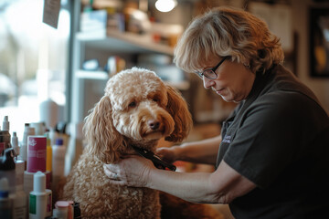 Pet groomer trims dog fur in bright salon environment during busy afternoon grooming session