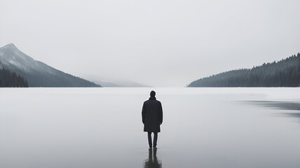 Obraz premium Solitary Reflection: Man Standing on Frozen Lake in a Misty, Snowy Landscape