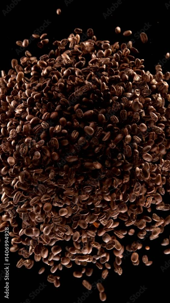 Aufkleber Super slow motion of rotating coffee beans. Ultimate composition and motion. Filmed on high speed cinema camera, 1000 fps. Speed ramp effect. Vertical aspect ratio.
