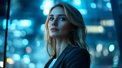 Obraz premium beautiful confident businesswoman in a modern digital environment showcasing smart technology professional elegance executive confidence and future focused corporate success