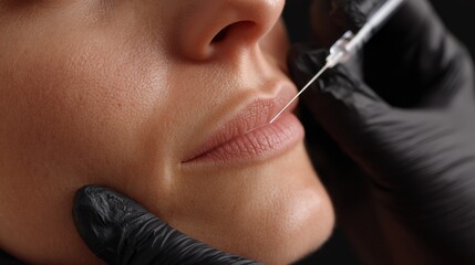 Obraz premium Young asian woman is getting filler her face,getting her lip filler by Plastic surgeon,Woman face being checked doctor hands to cosmetic surgery,rhinoplasty surgery in clinic.