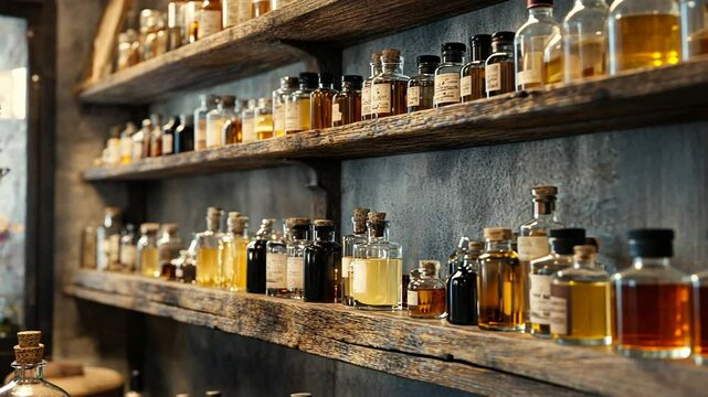 Vintage apothecary bottles on rustic wooden shelves