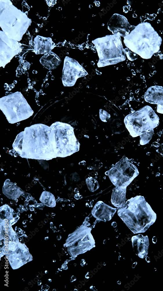 Aufkleber Super slow motion of rotating ice cubes with splashing water, top view shot. Filmed on high speed cinema camera, 1000 fps. Isolated on black background. Vertical aspect ratio. Speed ramp effect.