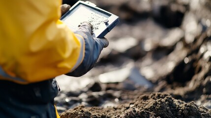 Geotechnical engineer analyzing soil samples at an excavation site. Featuring research and stability