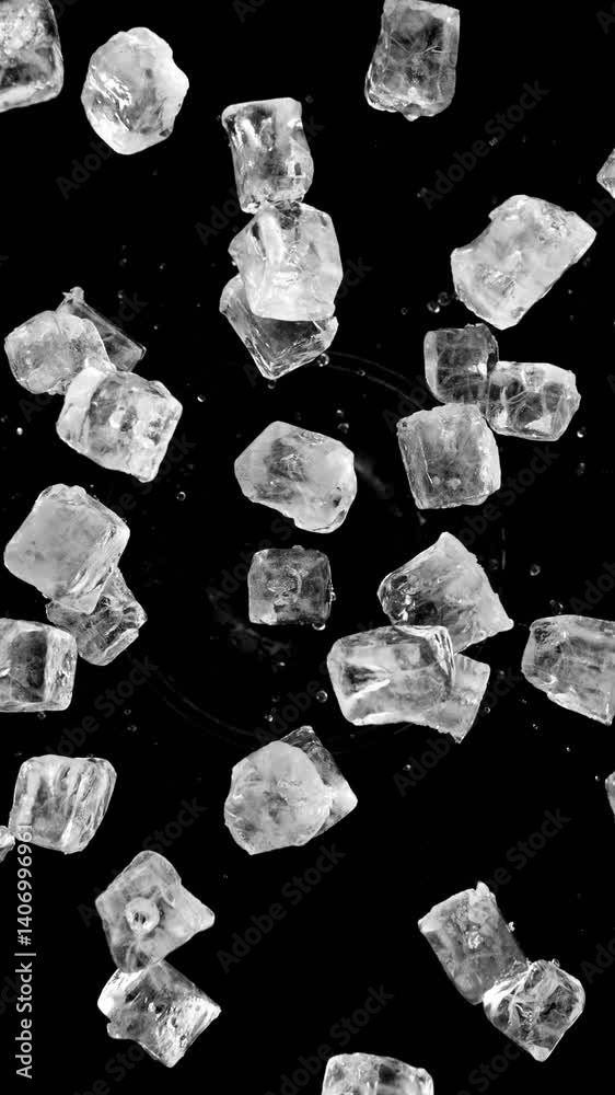 Aufkleber Super slow motion of rotating ice cubes with splashing water, top view shot. Filmed on high speed cinema camera, 1000 fps. Isolated on black background. Vertical aspect ratio. Speed ramp effect.