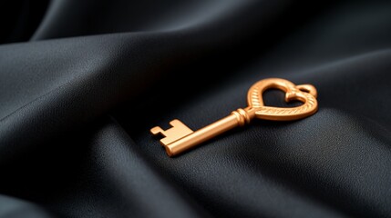 Golden heart-shaped key on luxurious black fabric