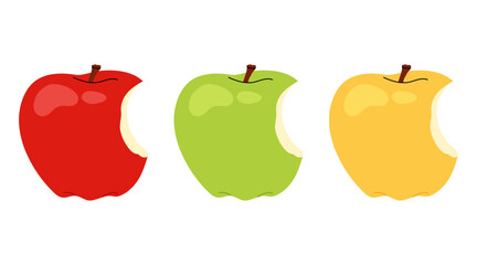 Ripe, crisp red apple. Bite red, green and yellow apple. Set apples isolated on white background.