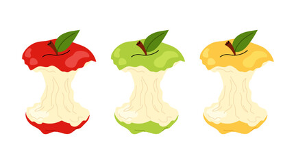 Apple core set. Fruit trash. Red, yellow and green apple stump on white background.