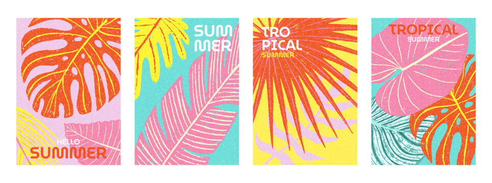 Summer bright posters set with abstract hand drawn crayon tropical leaves. Vector illustration in modern art style design templates for cards, sales