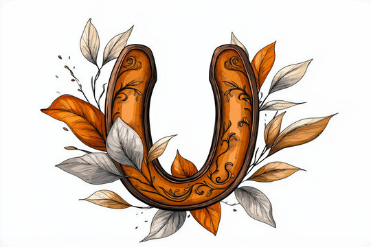 Ornate horseshoe illustration surrounded by autumn leaves on a white background design element