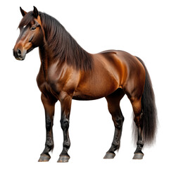 Obraz premium Side view of a majestic chestnut horse standing upright, isolated on transparent background, perfect for equestrian design projects.