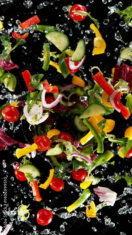 Poster super slow motion of rotating fresh lettuce flying up in the air. splashing water. isolated on black