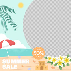 Summer sale discount offer template with ad image placement in beach theme. Vector illustration summer offer advertisement for social media and shopping event promotions.