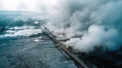Dramatic overhead view of active geothermal springs emitting thick steam plumes, with textured cracked terrain foreground illustrating volcanic forces.