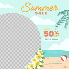 Summer sale discount offer template with ad image placement in beach theme. Vector illustration summer offer advertisement for social media and shopping event promotions.