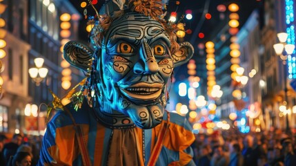 Fototapeta premium Colorful Festival Mask on Display During Vibrant Night Celebration