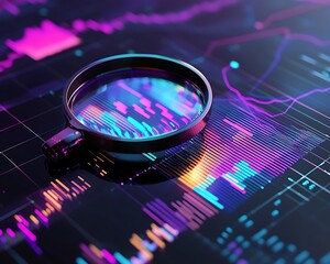 Data analysis, search engine optimization or SEO. magnifier, charts, graphs. ultraviolet and neon