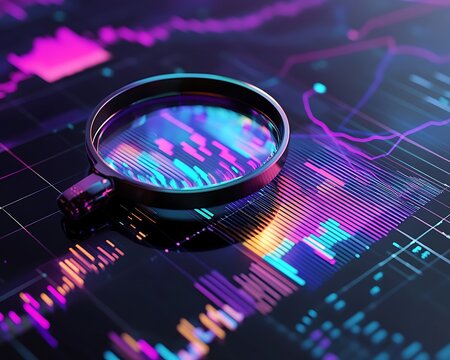 Data analysis, search engine optimization or SEO. magnifier, charts, graphs. ultraviolet and neon