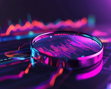 Data analysis, search engine optimization or SEO. magnifier, charts, graphs. ultraviolet and neon