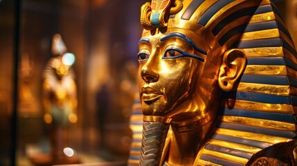 Golden Pharaoh Bust Displayed in Museum Exhibit with Artifacts