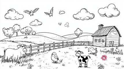 Obraz premium Black and White Farm Scene Drawing