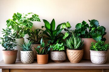 Vibrant Houseplants in Terracotta and Ceramic Pots on a Wooden Shelf