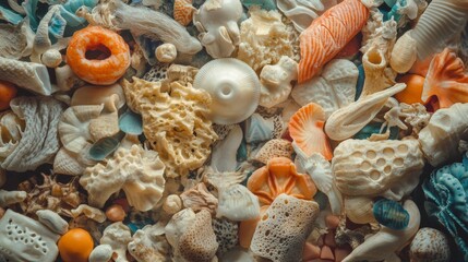 Fototapeta premium Top view of assorted seashells and coral textures