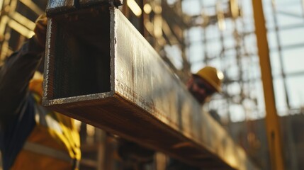 Naklejka premium Ironworker lifting steel beams for construction. Featuring metalwork and structural support