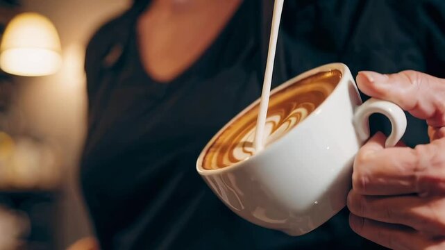 Barista Pouring Steamed Milk to Create Latte Art in a Cozy Coffee Shop