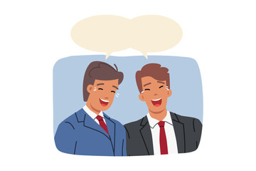 Laughing business men stand under dialogue clouds with copy space after hearing joke about managers. Two laughing office clerks in good mood are discussing funny life story that causes amusement.
