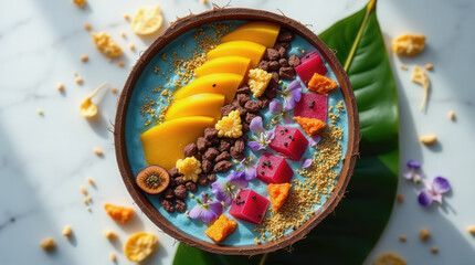 Fototapeta premium A vibrant smoothie bowl features layers of blue blend topped with fresh mango slices, cocoa nibs, and colorful edible flowers. The bowl is placed on a stylish marble surface with decorative elements