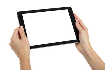 Hands holding black tablet with blank screen isolated on white background