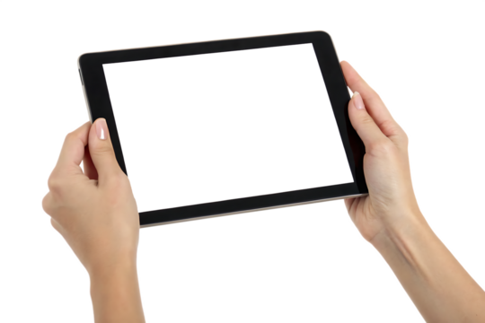 Hands holding black tablet with blank screen isolated on white background