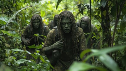 Obraz premium Military Personnel in Camouflage Stealthily Advancing Through Jungle
