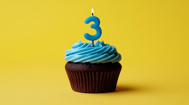 Third Birthday Celebration Cupcake With Blue Frosting And Number Candle On Yellow