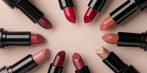 Obraz premium Diverse lipstick shades arranged in circular formation on neutral background
