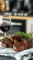 Roasted lamb chops with herbs on a kitchen counter.