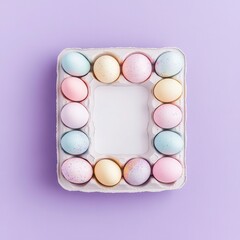 Pastel-colored eggs in a carton