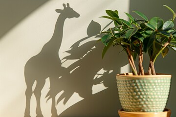 Creative shadow of giraffe cast by indoor plant in artistic lighting