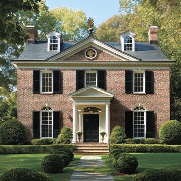 Colonial exterior featuring symmetrical brick facades, black shutters, and a central pediment with a pineapple finial. 