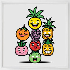 Clean line-art doodle of funny fruits stacked like a totem pole, each fruit with unique funny expressions, ideal for children&rsquo;s illustration projects