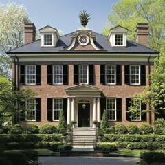 Fototapeta premium Colonial exterior featuring symmetrical brick facades, black shutters, and a central pediment with a pineapple finial. 