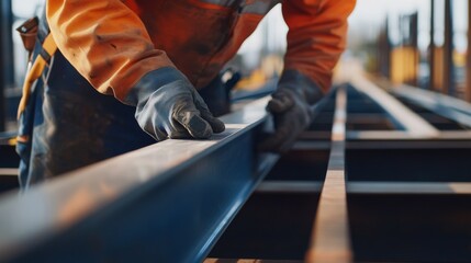 Ironworker securing metal frame structure. Featuring structural work and precision