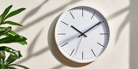 Minimalist white wall clock with shadows on a cream wall