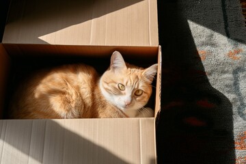 Curious ginger cat relaxing in cardboard box in sunlit room