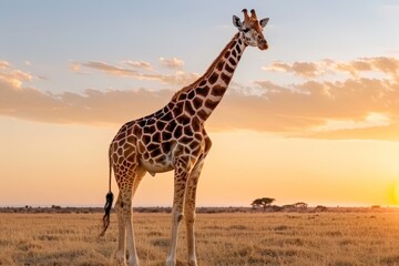 Obraz premium Majestic giraffe in african savanna at sunset